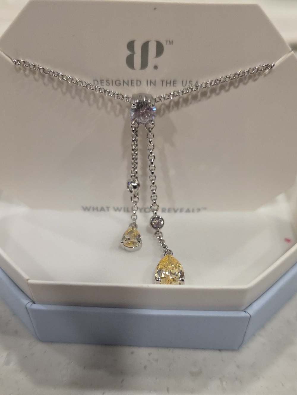 bp Silver Lariat Necklace with Yellow and Clear Teardrop Stones